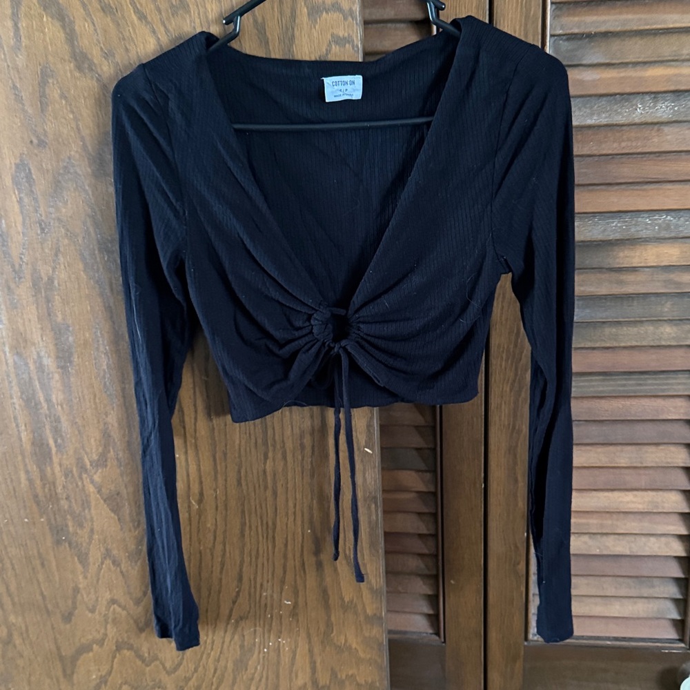 Cotton On Black Ribbed Drawstring Front Long-Sleeve Crop Top